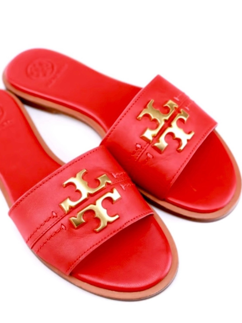 Tory Burch Everly Red Leather Slide Sandal with Gold Logo Accent- Size 9